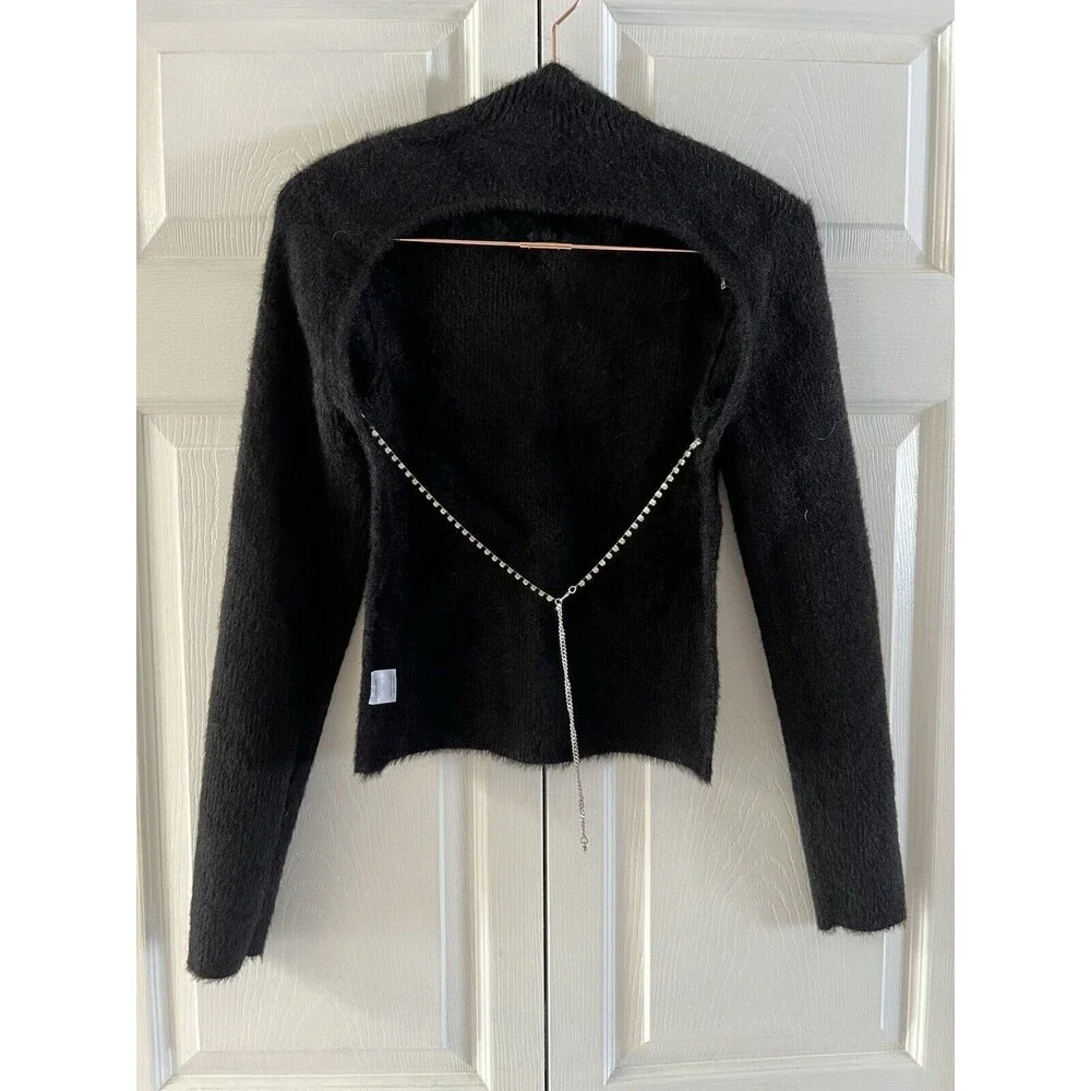 H:our Revolve Mock Neck Open Back Black Sweater With Rhinestone Chain‎ Size XS